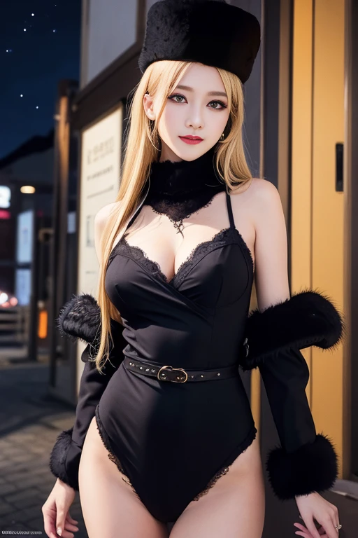 Material, Long Hair, Blonde,Fur trim, Black Hat, Fur has, dress,(Cowboy Shot:1.1), Yellow Eyes, (luggage:1.1), vapor (station:1.1),stationのプラットホーム,  night, Milky Way,999 highest quality, Very detailed, masterpiece, Absurd,8k,   (Fine grain, Deep Eyes),photoRealistic, Realistic,Detailed skin texture, Detailed pupil,High resolution,
1 Female,(Happy:1.1),smile, (Angular face:1.2),Shining Face,Large Breasts, (Tight waist:1.1), Lip Makeup,Long eyelasheicro Bikini）
