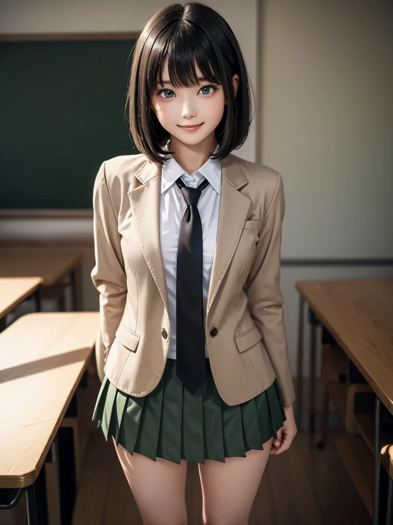 8k, Best Quality, The real picture, Intricate details, Very detailed, Ultra-high resolution, Depth Field, Tabletop, Full Body Shot, (1 girl), eye_Chan, so beautiful, innocent big eyes, Standing in a school classroom, ((Black Hair)), ((Medium Bob Hair)), (Asymmetrical bangs), ((Detailed eyes)), ((smile)), ((Blue tie)), (Light brown closed blazer))), ((Dark green pleated mini skirt)), Thighs, knees, Random pose，pretty girl，Slender girl