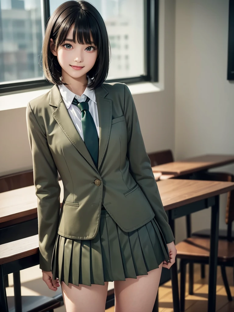 8k, Best Quality, The real picture, Intricate details, Very detailed, Ultra-high resolution, Depth Field, Tabletop, Full Body Shot, (1 girl), eye_Chan, so beautiful, innocent big eyes, Standing in a school classroom, ((Black Hair)), ((Medium Bob Hair)), (Asymmetrical bangs), ((Detailed eyes)), ((smile)), ((Blue tie)), (Light brown closed blazer))), ((Dark green pleated mini skirt)), Thighs, knees, Random pose，pretty girl，Slender girl