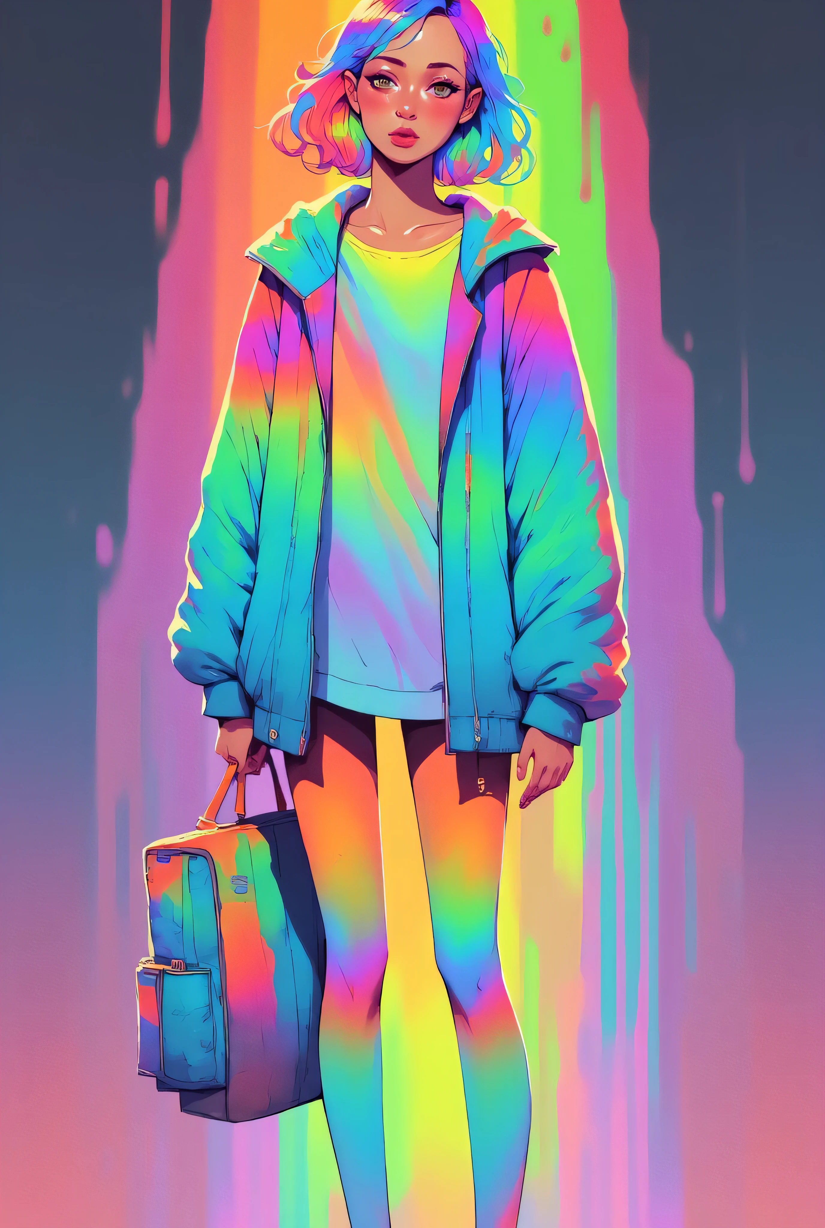 This is a vibrant, digital illustration featuring a young girl walking through a fantastical, abstract urban environment. The girl, with light skin and short, wavy pink hair, is dressed in a colorful, oversized coat that blends hues of red, green, blue, and yellow, giving it a tie-dye effect. She wears a simple white dress beneath the coat and has on bright, oversized sneakers. In her left hand, she carries an orange backpack, and her right hand hangs loosely by her side.

The background is a swirling, multi-colored gradient of neon hues, primarily green, yellow, and blue, with splashes of red and orange. The colors create a sense of movement and energy, as if the scene is lit by a magical, glowing light source. The girl is centered in the image, with the colorful background fading into a darker, more muted gradient at the edges, giving the impression of a tunnel or corridor. The texture of the illustration is smooth and polished, with a slightly painterly style that emphasizes the vividness of the colors. The overall mood is one of wonder and exploration, with the girl appearing to be lost in thought or simply enjoying her surroundings.