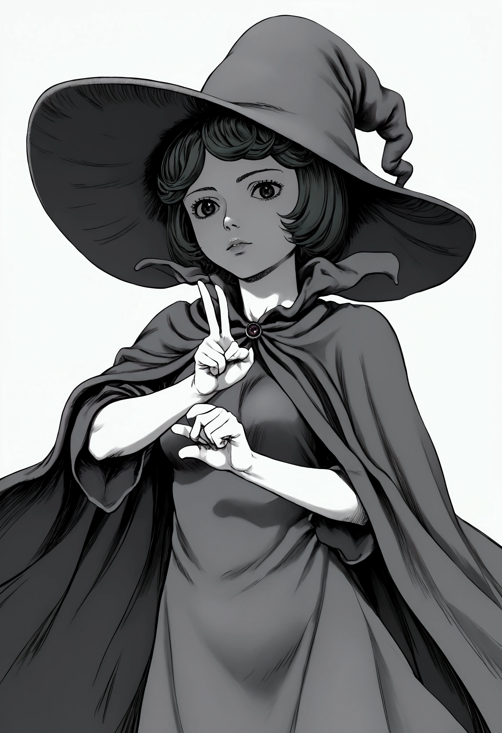 score_9, score_8_up, score_7_up, source_anime BREAK, 1girl, solo, white background, schierke, bob cut, witch, medium breasts, witch hat, cloak, cowboy shot, v pose, from above, high angle, ((best quality)), (masterpiece), monochrome, manga, anime, high resolution, 4k, detailed, intricate, detailed, Monochrome, Cross-hatching, Gradient shading, crosshatching, incredible detailing, crosshatch texture
