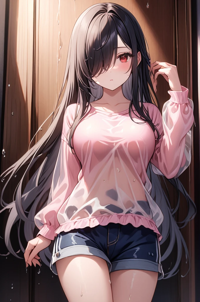 Full Body Portrait, 1girl, Solo, Looking at viewer, Shy, Cute, Red Eyes, Empty Eyes, Expressionless Eyes, Black Hair, Very Long Hair, Straight Hair, ((Hair Over One Eye, Swept Bangs:1.5)), Petite, Large breasts, Pale Skinned, Slender, Curvy, (Long Sleeves, Pink Top, Shorts, wet clothes, see-through), Standing, Indoors, Cinematic Lighting, Masterpiece, 4K, Best Quality, High Resolution, Accurate, Award Winning, (SuperQuality:1.0) ~ (SuperQuality:1.2)