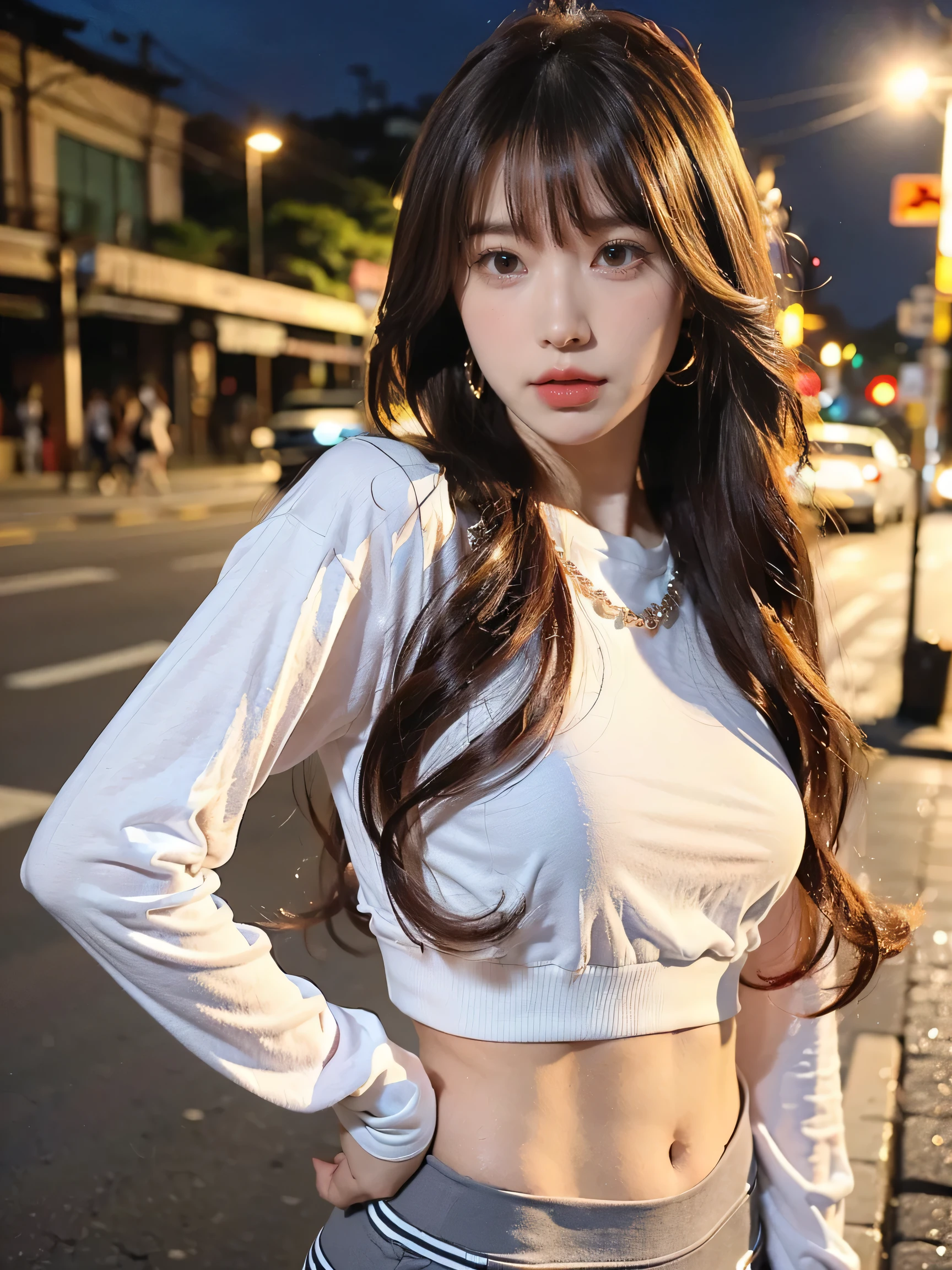 A very cute girl, Taiwanese girl,  wearing a long sleeve tight t-shirt, and yoga pants, (((a cup tiny breasts))), cool expression, tsundere, tsundere expression, ((Korean style long curly hair)),((Korean style long curly hair)),  ((Korean style long curly hair)),((Korean style long curly hair)),  (((bangs))), bad girl, bad girl,  expensive necklace, mini earrings, wearing boutique designer clothes,(((long hair))),(((long hair))),(((long hair))),(((long hair))),(((long hair))),(((long hair))),(((long hair))),(((long hair)))，(((Heavy makeup)))，(((Heavy makeup))),provocative eyes, outdoor, Taipei 