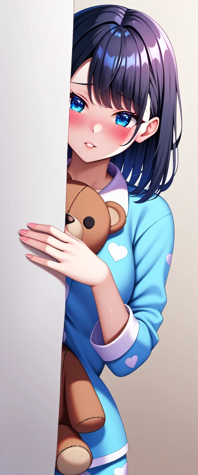 (high quality),(work of art), 8k,very detailed, detailed light, best shade,Detailed reflective eyes, very detailedな顔,shiny hair,(1 girl:1.2),woman,gland,black hair,embarrassing,Blush,pretty fingers,beautiful hands,all-body,blue eyes,(medium length hair:1.2),fine tune,paint below the eye,pajamas,(Polar bear teddy bear:1.2),(Big teddy bear:1.2),Hug a stuffed animal,(Watery eyes 1.2), in sexy sleepwear (very sexy pajamas