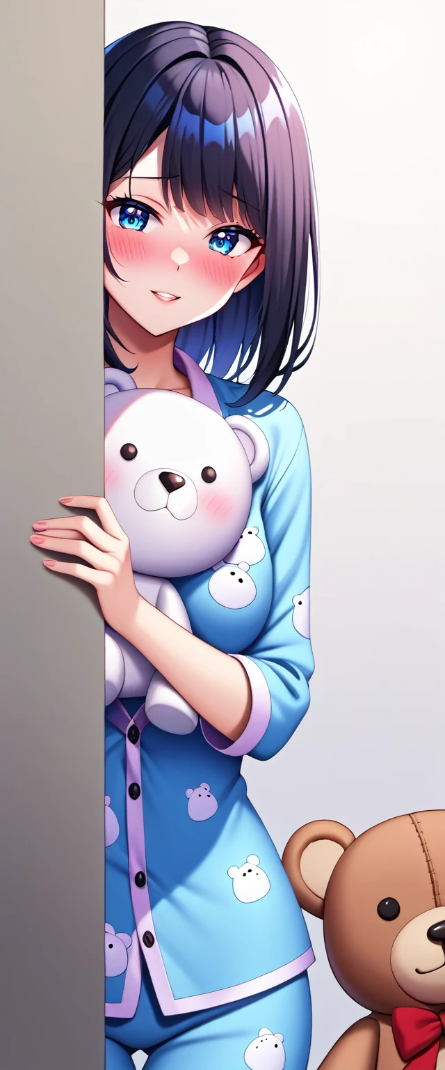 (high quality),(work of art), 8k,very detailed, detailed light, best shade,Detailed reflective eyes, very detailedな顔,shiny hair,(1 girl:1.2),woman,gland,black hair,embarrassing,Blush,pretty fingers,beautiful hands,all-body,blue eyes,(medium length hair:1.2),fine tune,paint below the eye,pajamas,(Polar bear teddy bear:1.2),(Big teddy bear:1.2),Hug a stuffed animal,(Watery eyes 1.2), in sexy sleepwear (very sexy pajamas