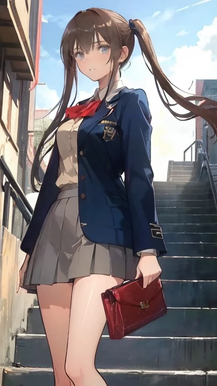 artificial life form, brown hair, cheerful, kneehighs, pleated skirt, red eyes, scarf tie, school uniform, short hair