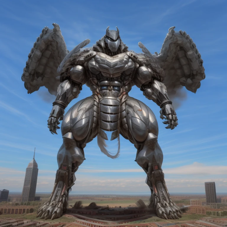 (masterpiece. official art. 8k. best quality. detailed full body. full body.)
(situation 1 : dominating mega lucario. focus GIANT mechanical Muscular mega lucario is trampling the CITY. macro. stomp. Low-angle perspective. emphasizing the immense size. The perspective is from below, emphasizing the sheer majesty and power of the Giant. giant art. He is much bigger than a skyscraper. Giga Giants. micro soccer field. looking down.)

(situation 2 :smoke and flames rising from the destruction in the city)

(Additional details 1: wearing a full-face helmet. helmet is jet black. The color of NANOSUIT is jet black. high-tech bio-mecha armor. real texture material. whole body shines like metal. Wearing cyberpunk mecha. emphasizes the muscles. suit fully made of metal. intricate armor. Robotic suit. suit fully made of metal. no face.). (mega lucario has 5 toes.) Wearing a Full Face Toxic Gas Mask. no blue.
An arrogant expression.
smile at the corner of your mouth.

(Additional details 2: (Detailed head. Detailed Body. Detailed abs. gigantic muscles. HYPER MUSCLES. Gigachad Muscular. big muscle. pecs. triceps. traps. unusually developed muscular body. body full of huge muscles. showing off muscles. pectorales enormes. Exaggeratedly huge muscles. huge muscles. long legs.).

(Additional details 3: nj5furry, Spread wings. It has wings. black have big wings. The claws are sharp. Sharp teeth.5 toes.).  Wearing a Full Face Toxic Gas Mask. 