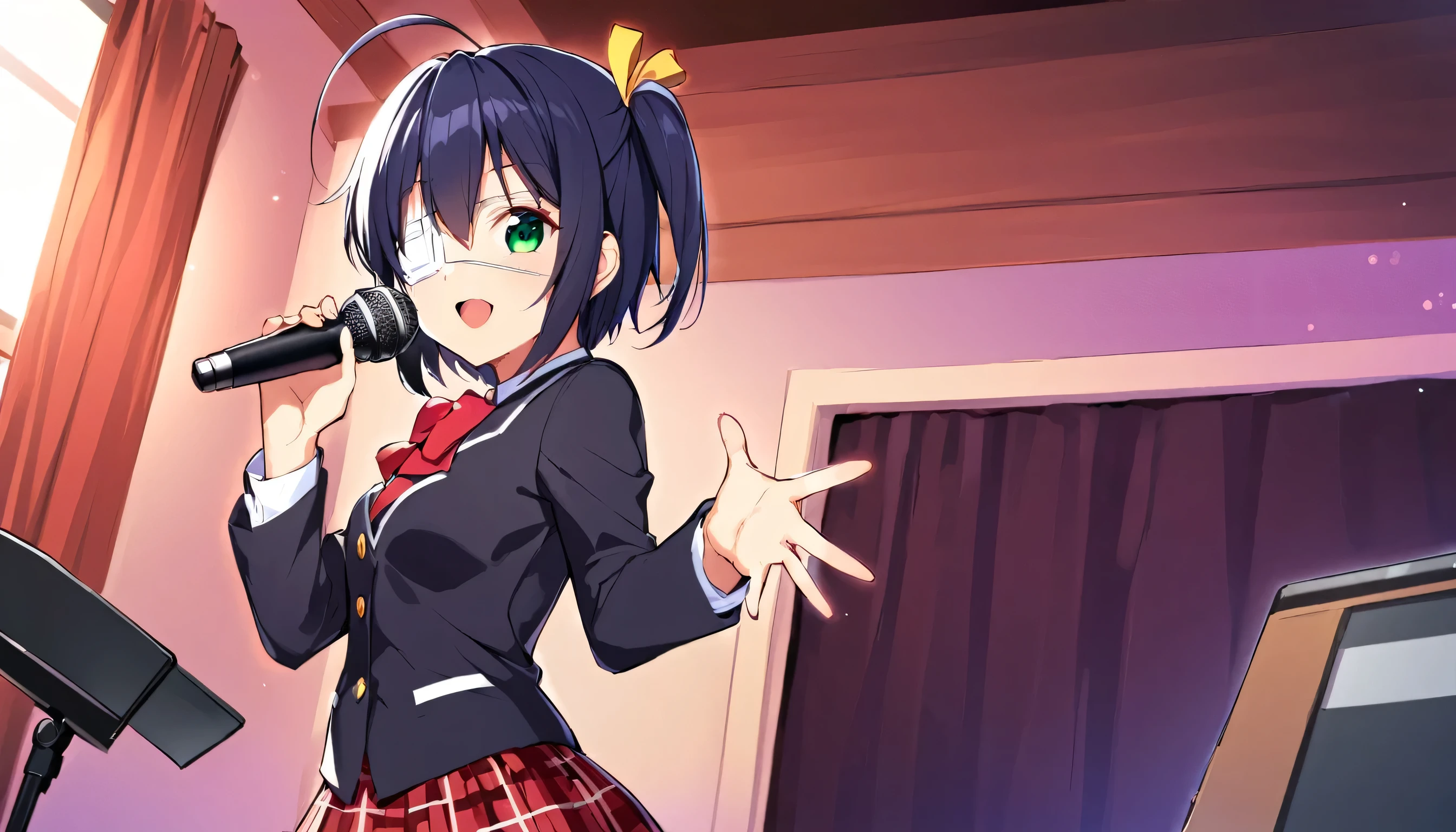 score_9, score_8_up, score_7_up, score_6_up, 1girl, rikka takanashi, short hair, green eyes, black hair, ahoge, one side up, eyepatch, medical eyepatch,, sing, singing, open mouth, mic, half bodies, smile, positive vibes, ((looking at viewers, cowboy shot)), skirt, school uniform, jacket, plaid, kneehighs, plaid skirt, blazer, side pov, side camera view, holding a mic, solo, half body, in studio music, in room