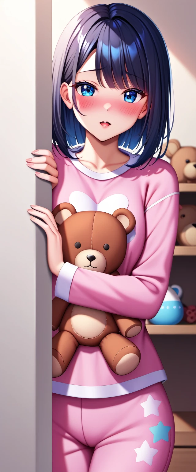 (high quality),(work of art), 8k,very detailed, detailed light, best shade,Detailed reflective eyes, very detailedな顔,shiny hair,(1 girl:1.2),woman,gland,black hair,embarrassing,Blush,pretty fingers,beautiful hands,all-body,blue eyes,(medium length hair:1.2),fine tune,paint below the eye,pajamas,(Polar bear teddy bear:1.2),(Big teddy bear:1.2),Hug a stuffed animal,(Watery eyes 1.2), in sexy sleepwear (very sexy pajamas