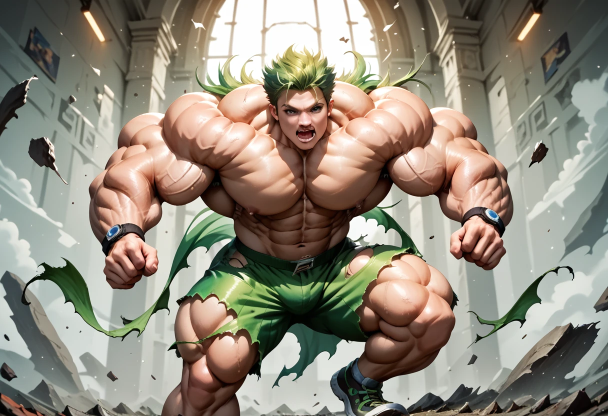 Highest quality,Masterpiece,Pro Art,8k,Anatomical,f6close,torn clothes,Green Hair,juvenile,Huge muscles,Wolf Pose,