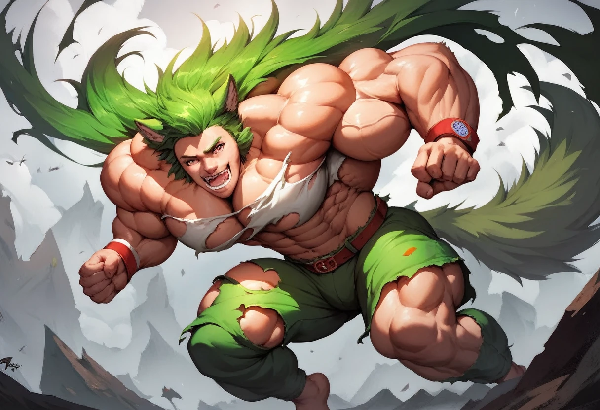 Highest quality,Masterpiece,Pro Art,8k,Anatomical,f6close,torn clothes,Green Hair,juvenile,Huge muscles,Wolf Pose,