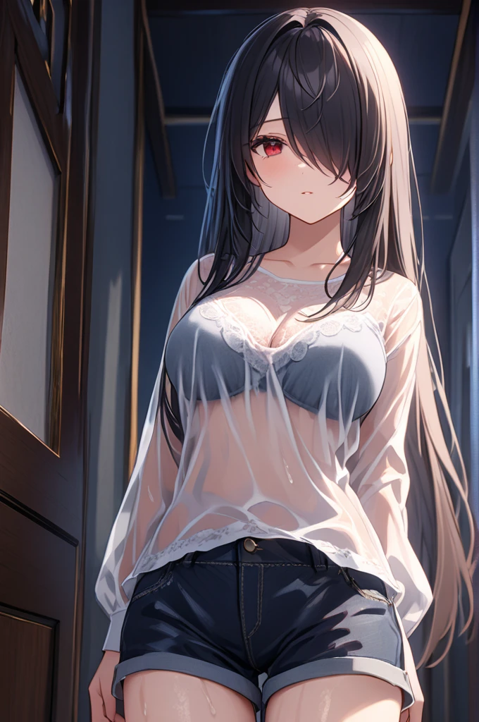 Full Body Portrait, 1girl, Solo, Looking at viewer, Shy, Cute, Red Eyes, Empty Eyes, Expressionless Eyes, Black Hair, Very Long Hair, Straight Hair, ((Hair Over One Eye, Swept Bangs:1.5)), Petite, Large breasts, Pale Skinned, Slender, Curvy, (Long Sleeves, Grey Top, Shorts, wet clothes, Bra see-through clothes), Standing, Indoors, Cinematic Lighting, Masterpiece, 4K, Best Quality, High Resolution, Accurate, Award Winning, (SuperQuality:1.0) ~ (SuperQuality:1.2)