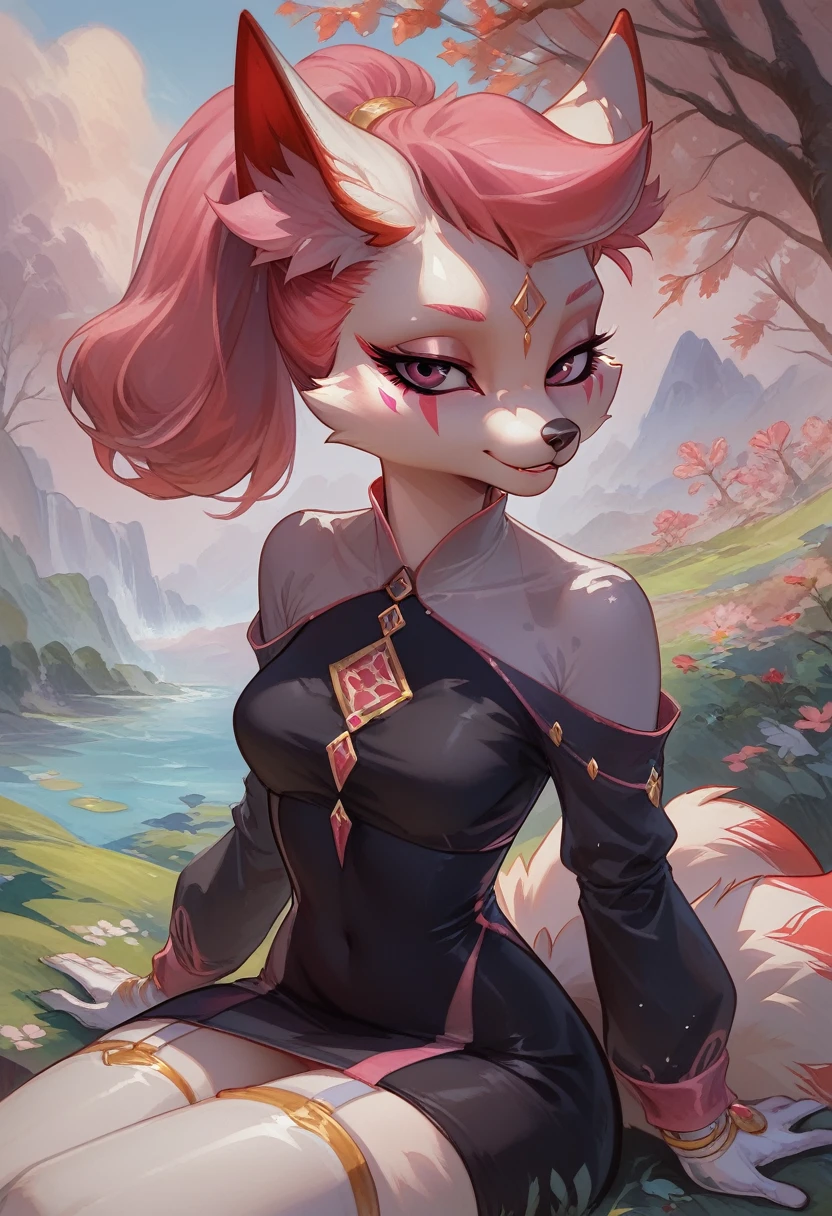 score_9, score_8_up, score_7_up, ultra quality, 1girl, Kimikoxl, anthro, white fox girl, white fur, pink hair, ponytail, white animal ears, animal nose, pink eyes, face markings, mouth closed, black dress, dress, skin tight dress, white gloves, white thighboots, sitting, seductive look, bedroom eyes, white fox tail, cowboy shot, looking at viewer, staring at viewer, infatuated with viewer, looking back,outdoors, sunny