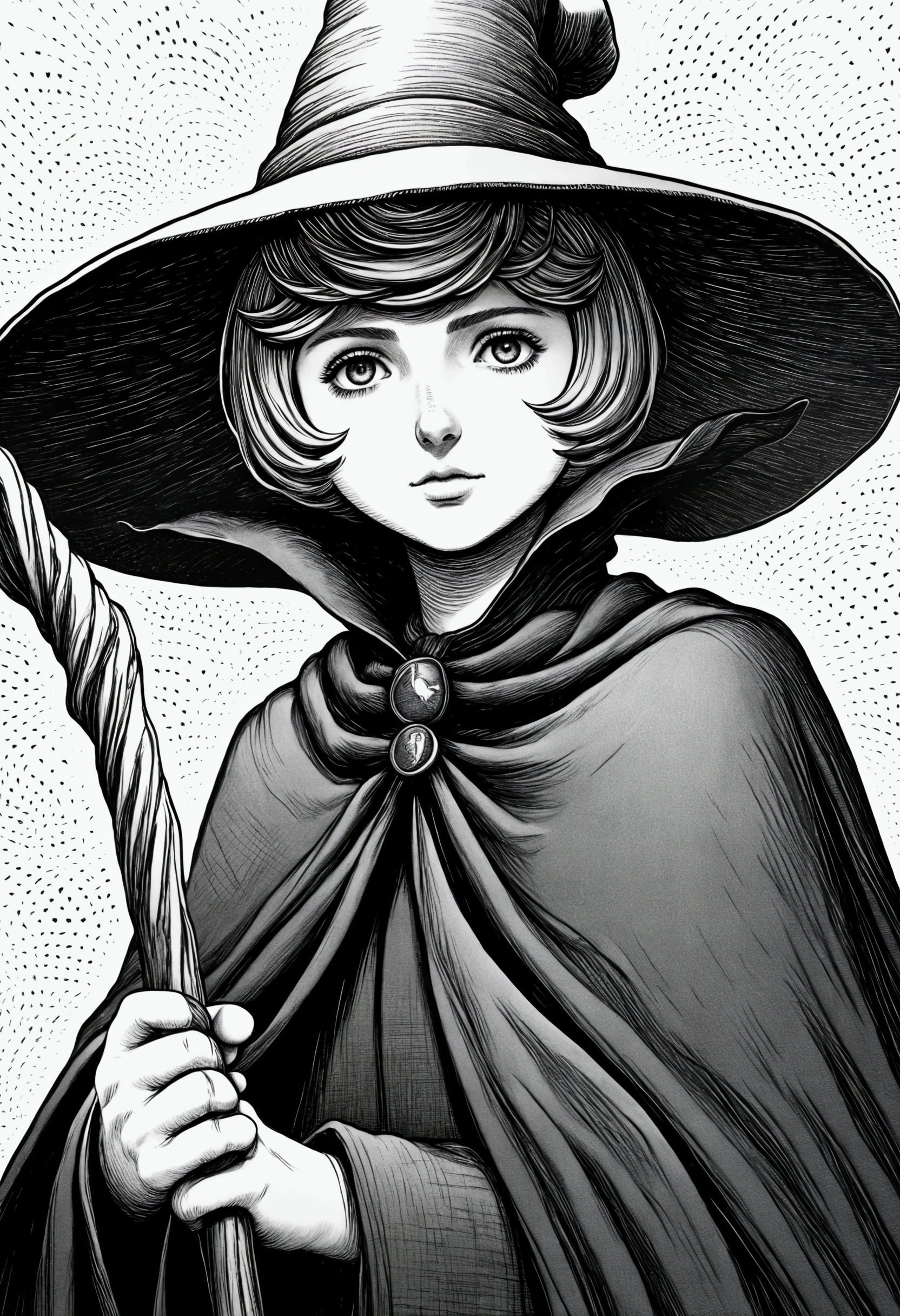 score_9, score_8_up, score_7_up, source_anime BREAK, 1girl, solo, white background, schierke, bob cut, witch, medium breasts, witch hat, cloak, cowboy shot, v pose, from above, high angle, ((best quality)), (masterpiece), monochrome, manga, anime, high resolution, 4k, detailed, intricate, detailed, Monochrome, Cross-hatching, Gradient shading, crosshatching, incredible detailing, crosshatch texture
