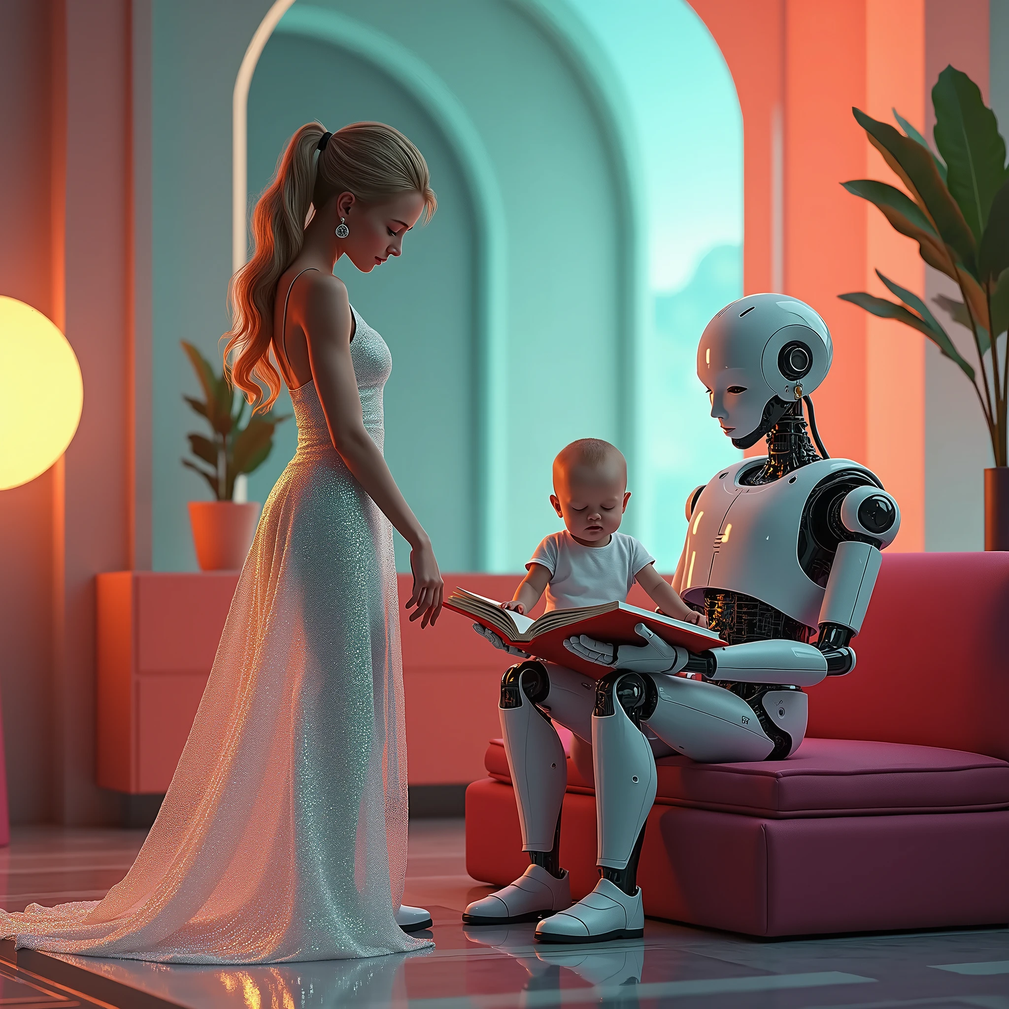 Retro-Future, Robot butler sitting on the floor,Reading to cute human wearing holographic retro dress, Background with:Hologram surreal living room,There are beautiful flowers inside