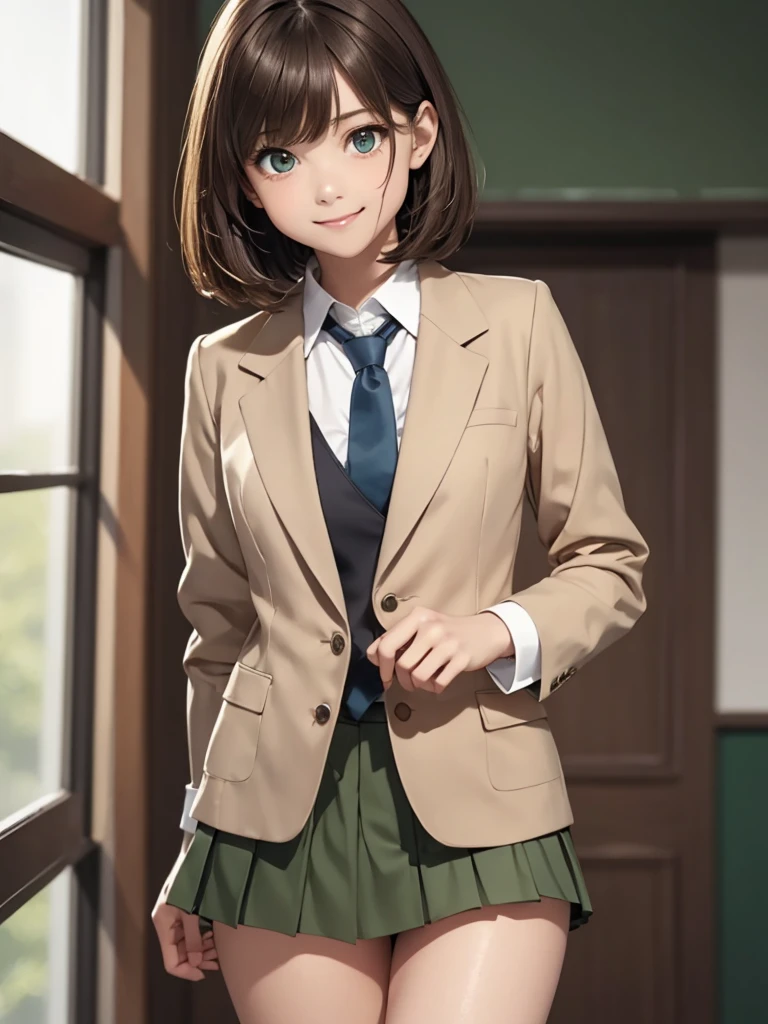 8k, Best Quality, The real picture, Intricate details, Very detailed, Ultra-high resolution, Depth Field, Tabletop, Full Body Shot, (1 girl), eye_Chan, so beautiful, innocent big eyes, Standing in a school classroom, ((Brown Hair)), ((Short Bob Hair)), (Asymmetrical bangs), ((Detailed eyes)), ((smile)), ((Blue tie)), (Light brown closed blazer))), ((Dark green pleated mini skirt)), Thighs, knees, Random pose，pretty girl，Slender girl