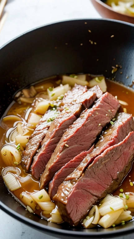 Close-up shot of thinly sliced beef being marinated in a bowl with soy sauce, garlic, sesame oil, and sugar. Korean kitchen utensils visible in the background. No text or labels.