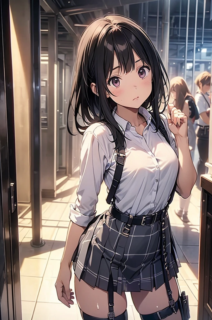 (pov_hand, Vibrator remote control in hand:1.3), pov, best quality, super detail, masterpiece, UHD, 8k,(masterpiece, Ridiculous), Subway car interior background, In the crowded crowd, The focus is on 1 girl, collar, Cowboy shooting, Overall details, big breasts, dark gray hair, long hair, blurred, Can not give up, lovable, Reddened cheeks, Demented smile, Opening mouth with tears in eyes, left by saliva, pleated skirt, shirt tucked in, tented shirt
, wet skirt hem, sticky panties, vibrator cord bulge, vibrator in thigh strap, White lace stockings, textured skin,