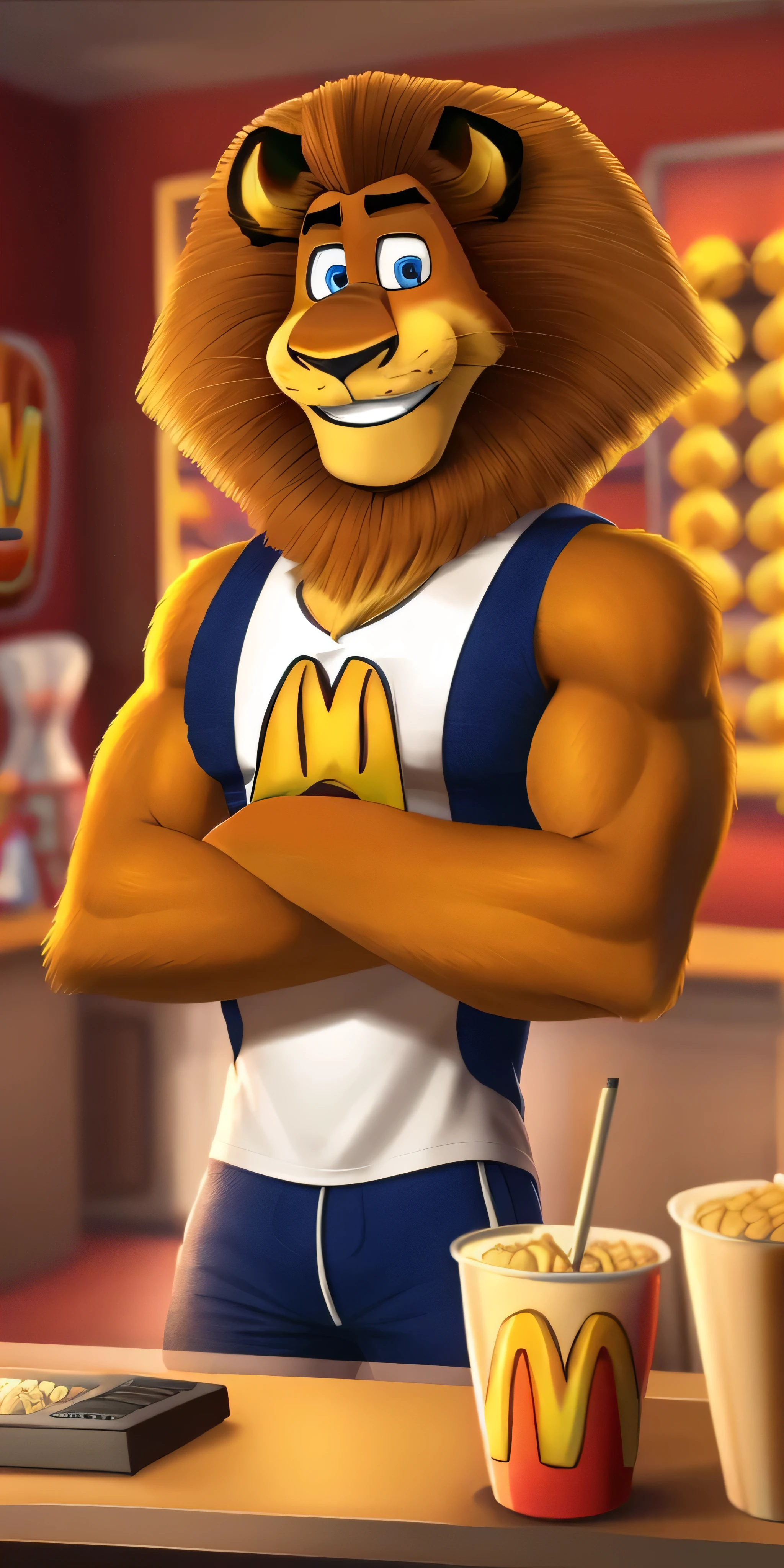 AlexLion, solo, cartoony proportions, correct anatomy, muscular body, biceps anatomy correct, big biceps, extremely beautiful and cute face, perfect face, ultra quality face, perfect eyes, ultra quality eyes, perfectly detailed blue eyes, white iris with perfectly detailed pupils, ultra quality fur, soft and delicate fur, wears McDonald's uniform, McDonald's t-shirt with short sleeves, black pants, McDonald's worker, McDonald's restaurant background, standing behind the cash register, leaned with his elbows on the cash register, gently looking at viewer, cute smiling, radiant, cute, handsome, beautiful, kind, sweety, extremely charismatic, majestic, friendly, simply irresistible, well-mannered, polite, cultural, grin, attractive, charming, super good looking, hot, sexy, mature, adult, pacifist, calm, face focus, ultra detalization, perfect detalization, perfectly detailed, ultra HD quality, highest resolution, 4k, 8k