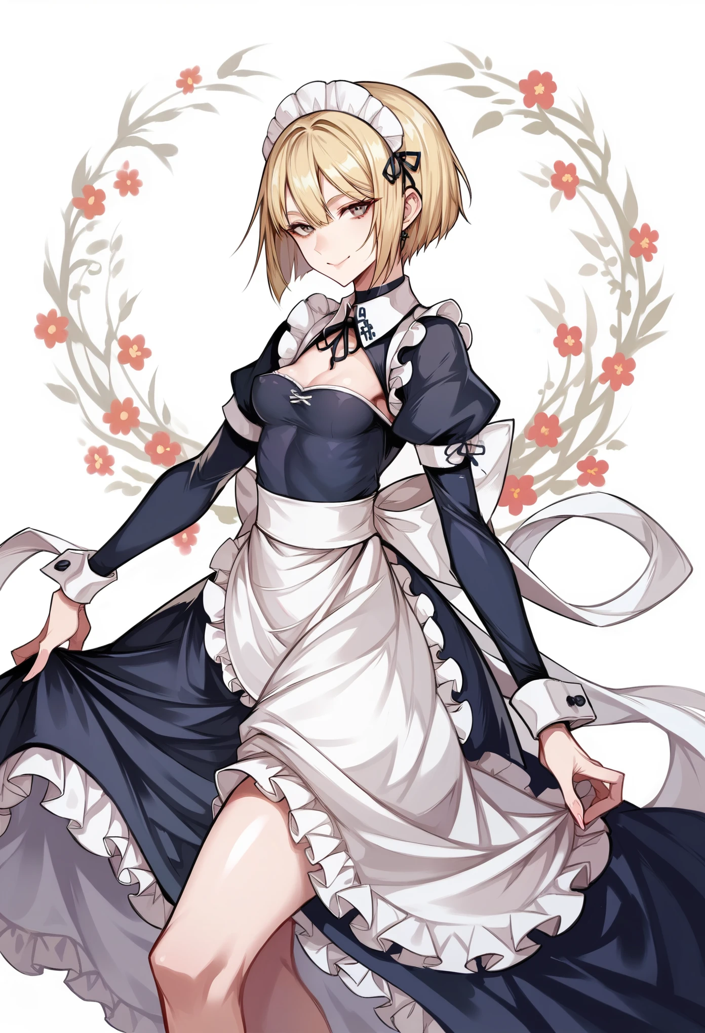 score_9, score_8_up, score_8, 1 adult woman, ite, rating_safe, small breasts, perky breasts, blonde hair, bob cut, black irises, thick thighs, looking at viewer, shiny skin, half Russian, half Japanese, smile, traditional maid, long skirt