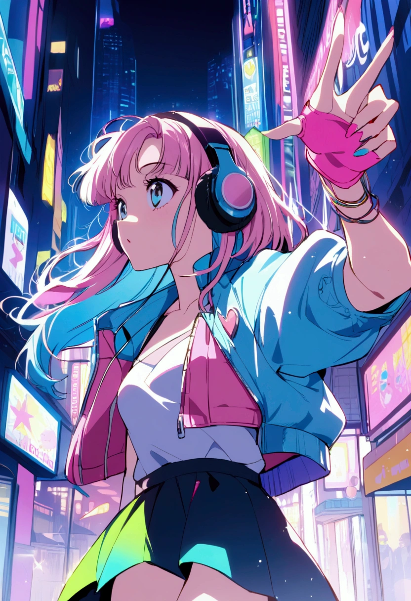 A sexy anime girl with glowing skin, wearing headphones, walking down a neon-lit street in Tokyo at night. She is wearing a miniskirt and a crop top, and her long hair is flowing down her back. She is listening to music and singing along, and she has a carefree smile on her face.