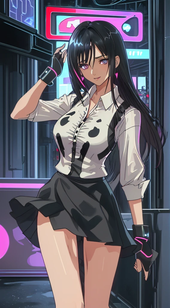 juri han, work of art, tight white secretary shirt with black tie, black high waist skirt, short skirt,stocking, black hair, black tights,evil smile,office,franja nos olhos,iluminação,chifre de cabelos,visão de cima,olhando para cima
