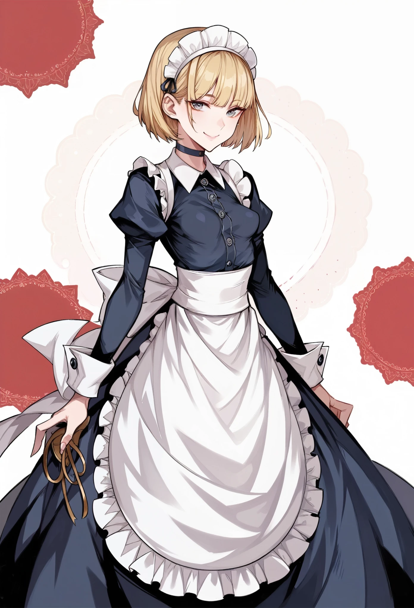 score_9, score_8_up, score_8, 1 adult woman, ite, rating_safe, small breasts, perky breasts, blonde hair, bob cut, black irises, thick thighs, looking at viewer, shiny skin, half Russian, half Japanese, smile, traditional maid, long skirt