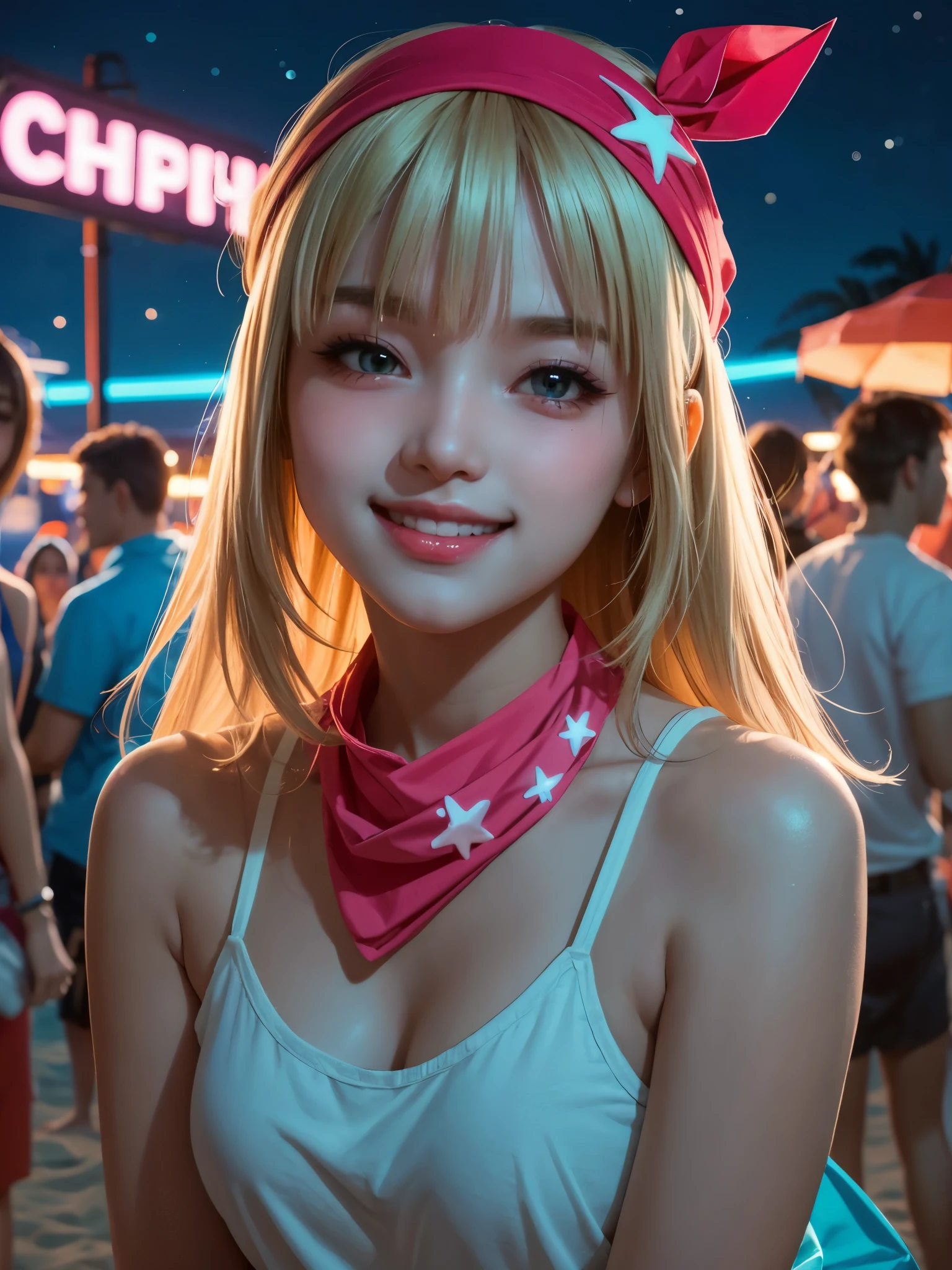 neon, glowing neon, girl, breasts, long hair, very straight hair, flat bangs, bandana, looking at viewer, smile, (blushing:1.2), (shy expressions), blonde hair, night party, night club, beach, sexy, sensual, realistic,