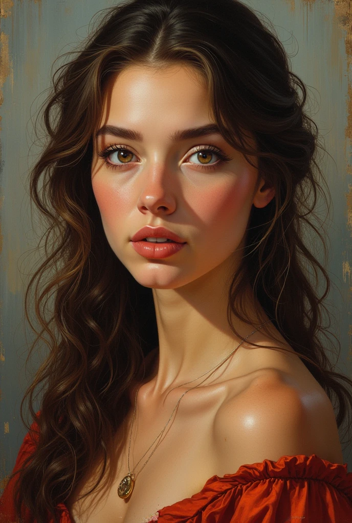 a beautiful detailed portrait of a woman with long brown hair wearing a denim skirt,beautiful detailed eyes,beautiful detailed lips,extremely detailed eyes and face,long eyelashes,oil painting,masterpiece,renaissance style,best quality,4k,8k,highres,ultra-detailed,realistic,photorealistic,photo-realistic,HDR,UHD,studio lighting,ultra-fine painting,sharp focus,physically-based rendering,extreme detail description,professional,vivid colors,bokeh