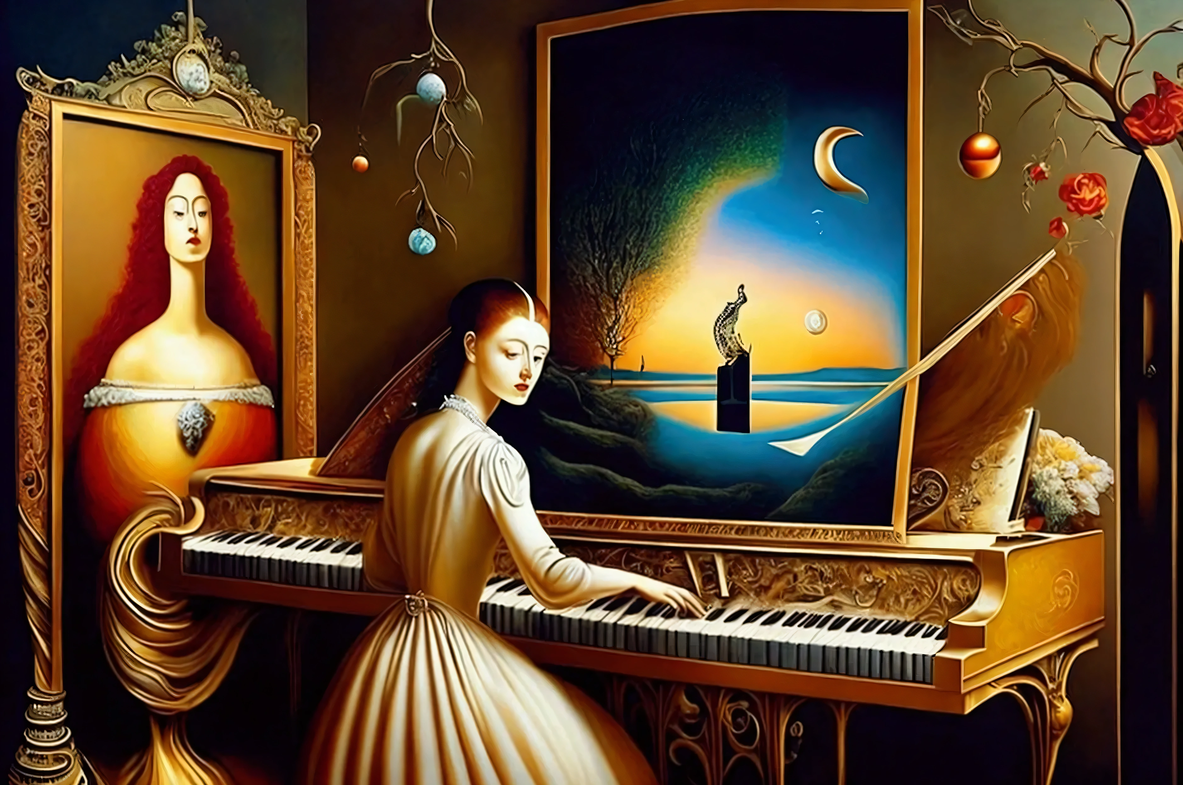 Creative oil painting surrealist Dalí  style composition about frederic chopin and his muse
