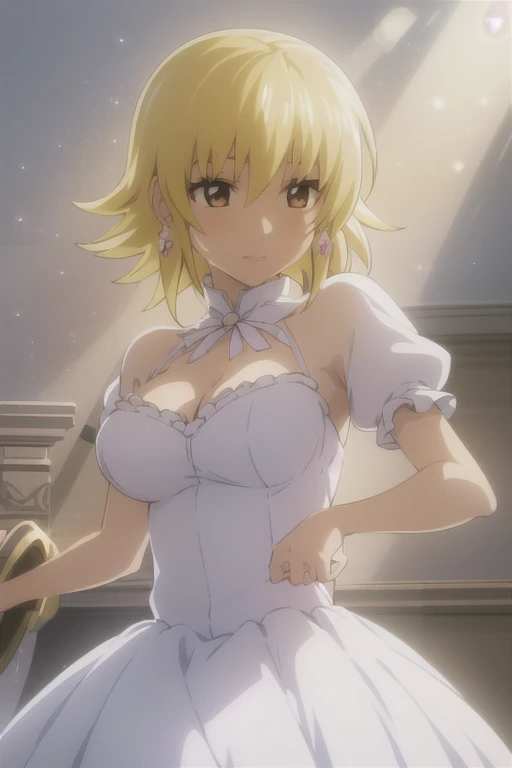 tia yellow eyes, blonde hair, short hair, blue ribbon, large breasts, detached sleeves, white dress, light smile, (masterpiece:1.2), best quality, absurdres, extremely detailed wallpaper, perfect lighting, 16k ultra hd, portrait), holding hands a bouquet (both hands) photorealistic, fullbody, bedroom background, royal bedroom, black gloves, black socks, tiara, white hair, laying down on bed, red cape, yellow bikini, high heels, raw photo, DSLR, 8k, 4k, UHD, DSLR, high quality, soft lighting, nikon, canon, hands on hips. red tattoo on belly, full body female