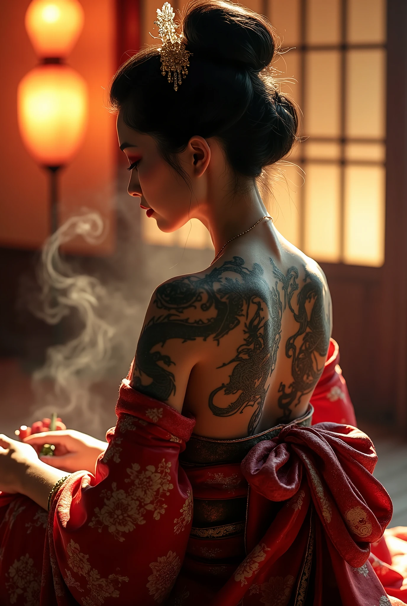 There is a geisha on her back with a tattoo drawn on her back ((very detailed)), wearing an open back dress, dragon tattoo on her back, a beautiful art illustration, glamorous and sexy geisha, Portrait of geisha, Portrait of a beautiful geisha , Beauty geisha, cyberpunk geisha, Portrait of a geisha, inspired by Torii Kiyonobu I, beautiful digital art.