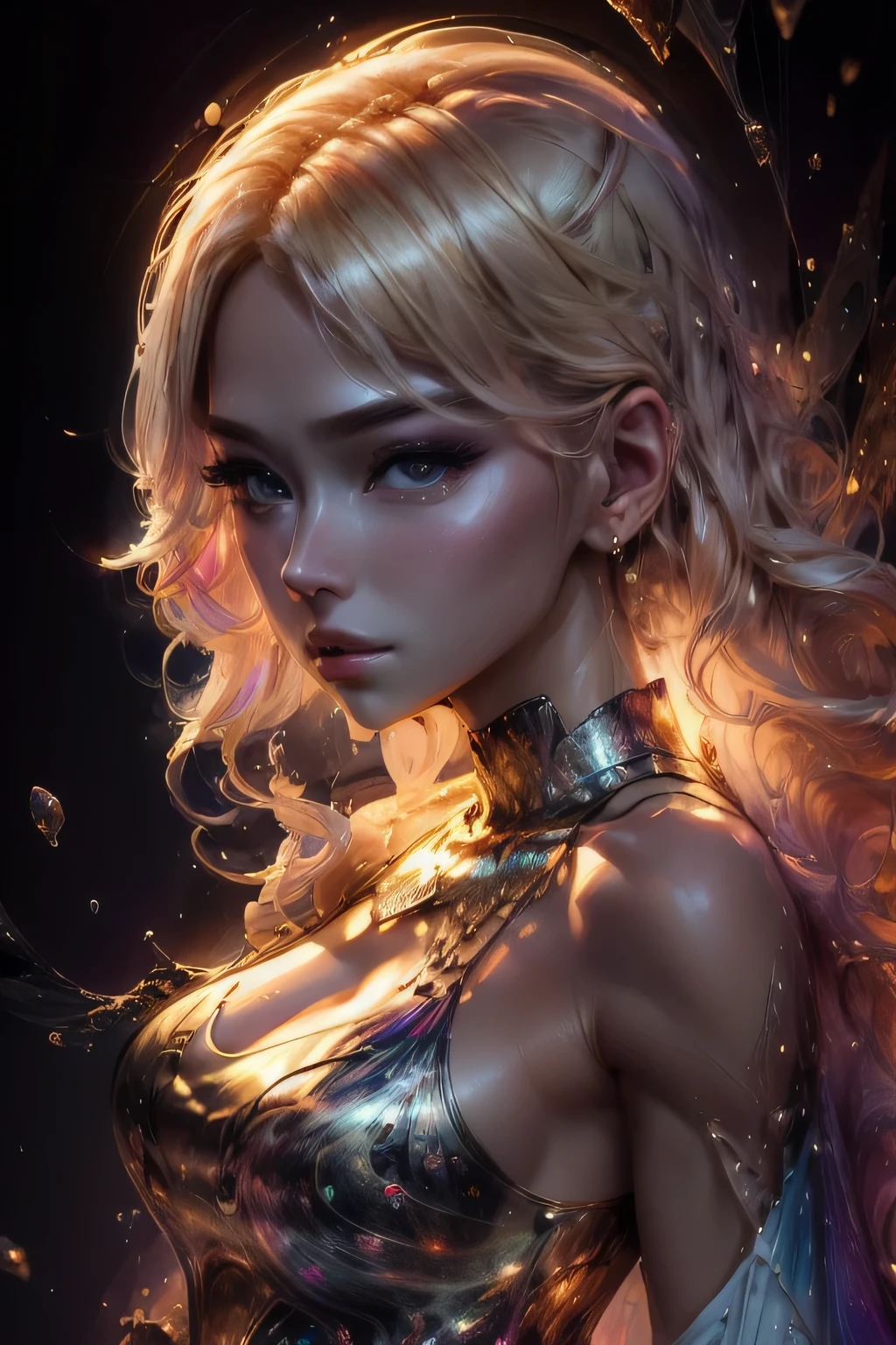 (best quality,4k,8k,highres,masterpiece:1.2),ultra-detailed,(photorealistic,photo-realistic:1.37), (A beautiful female phantom with compound eyes that look like the eyes of a praying mantis:1.5), futuristic, hi-tech, natural-looking skin, emerald-green compound eyes, exquisite, detailed face features, (piercing eyes, long eyelashes and sharp angles:1.3), sculptural facial structure, innovative fashion style, metallic, shimmering make-up, glowing eyeliner, ornate futuristic jewelry, elaborate headpiece, feathers and metallic elements, ethereal background with floating holographic particles, controlled lighting with soft highlights, bluish-green color scheme, otherworldly atmosphere. (NSFW:1.1), (toned body, small breast:1.5)