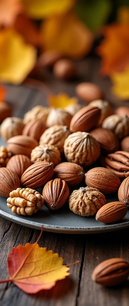 Various nuts on a plate of fallen leaves, the taste of autumn,