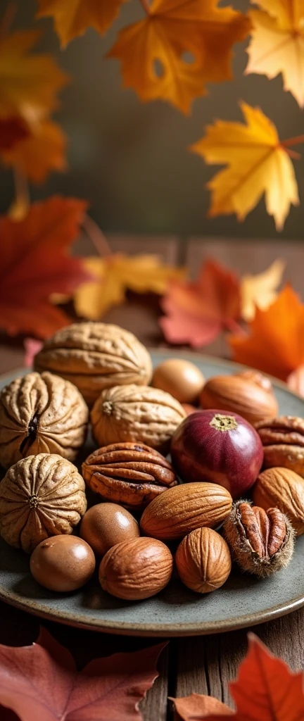 Various nuts on a plate of fallen leaves, the taste of autumn,