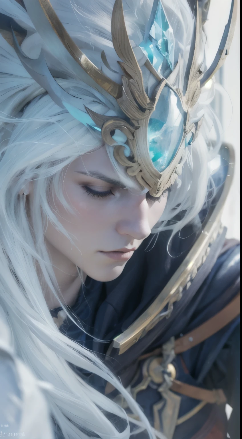 male, fantasy, warrior, armor, white wings, white hair, halo, halo, blindfold, hood, very handsome, pointy ears, depth of field, masterpiece, anatomically correct, super detail, high quality
