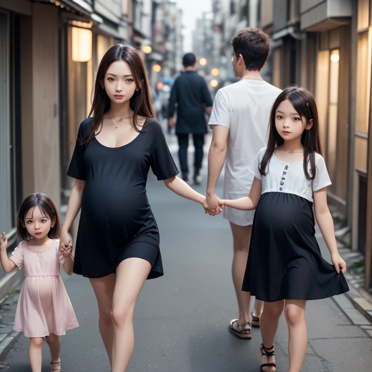 1girl,3boy,((((realistic very cute japanese Pregnant mothers are walking hand in hand with her young daughters:1.5))))),((((they are anorexic girls:1.5)))),((((male fierce molesters are surrounding girl:1.8)))),4K, 8K, (Masterpiece, best quality:1.2),Very realistic eyes, perfect face,24years old,(((thin girl:1.5))),(((skinny girl:1.5))),(((slim girl:1.5))),((small girl)),((childish girl)),shinny white skin,Narrow waist,((wearing casual dresses)),dark brown semi long hair,In a dark back alley in an unsafe slum area