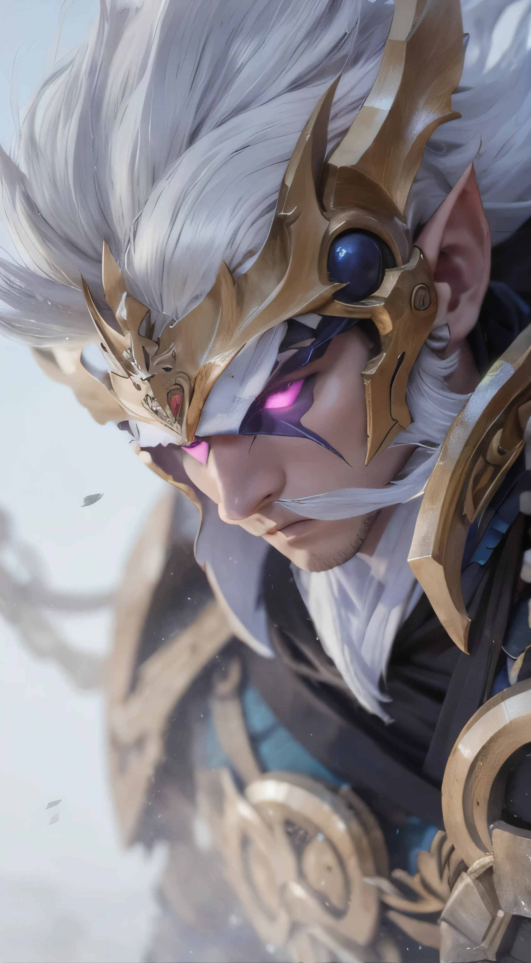 male, fantasy, warrior, armor, white wings, white hair, halo, halo, blindfold, hood, very handsome, pointy ears, depth of field, masterpiece, anatomically correct, super detail, high quality
