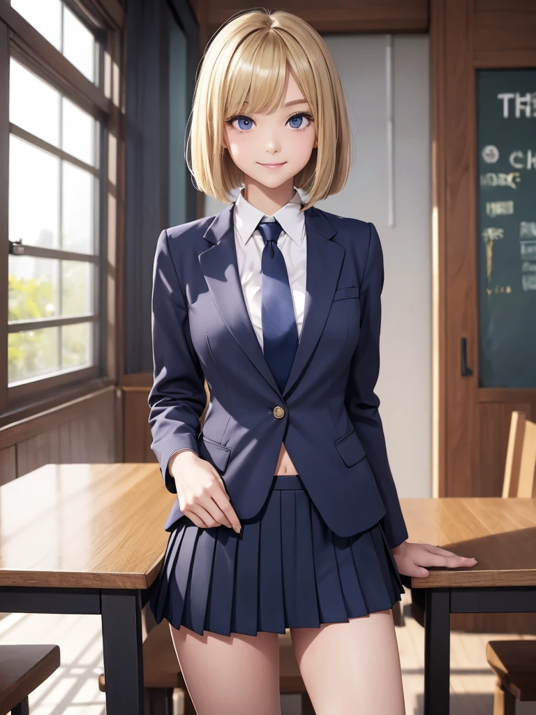 8k, Best Quality, The real picture, Intricate details, Very detailed, Ultra-high resolution, Depth Field, Tabletop, Full Body Shot, (1 girl), eye_Chan, so beautiful, innocent big eyes, Standing in a school classroom, ((Blonde)), ((Medium Bob Hair)), ((Detailed eyes)), ((smile)), ((Blue tie)), (Navy blue closed blazer))), ((Dark red pleated mini skirt)), Thighs, knees, Random pose，pretty girl，Slender girl