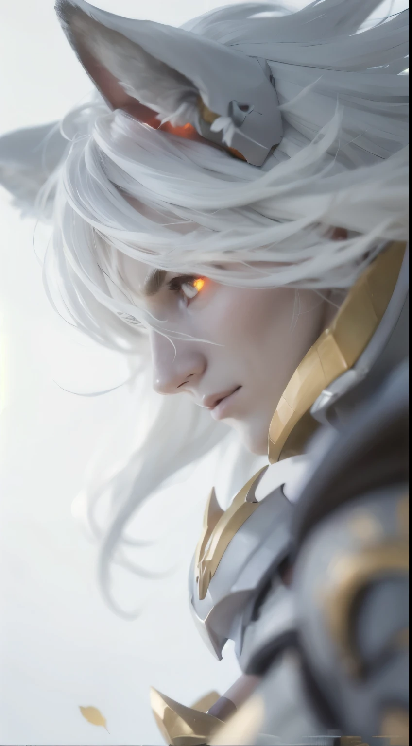 male, fantasy, warrior, armor, white wings, white hair, halo, halo, blindfold, hood, very handsome, pointy ears, depth of field, masterpiece, anatomically correct, super detail, high quality
