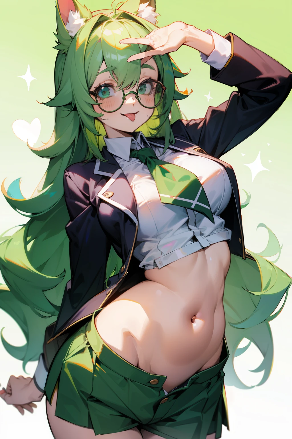 1girl, green hair, green eyes, big boobs, glasses, laboratory, crop white jacket, toxic, serum, gold armor, sparkling, green liquid, lying on water, splash liquid, gold chain, sigh