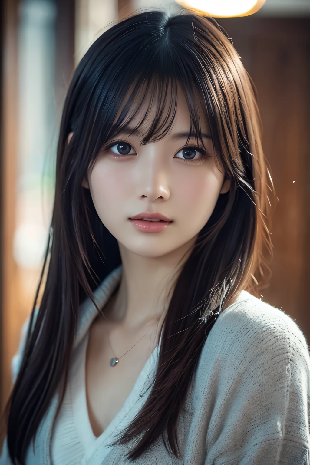 1girl in, (Wear casual fashion:1.2), (Raw photo, Best Quality), (Realistic, Photorealsitic:1.4), masutepiece, Extremely delicate and beautiful, Extremely detailed, 2k wallpaper, amazing, finely detail, the Extremely Detailed CG Unity 8K Wallpapers, Ultra-detailed, hight resolution, Soft light, Beautiful detailed girl, extremely detailed eye and face, beautiful detailed nose, Beautiful detailed eyes, Cinematic lighting, Winter scene, Perfect Anatomy, Slender body, ((flat breast:0.5)),taut, 
Straight semi-long hair, bangs, Looking at Viewer, A slight smirk, High resolution, masterpiece, Anatomically correct, 最high quality, high quality, Very detailed, Character portrait, 