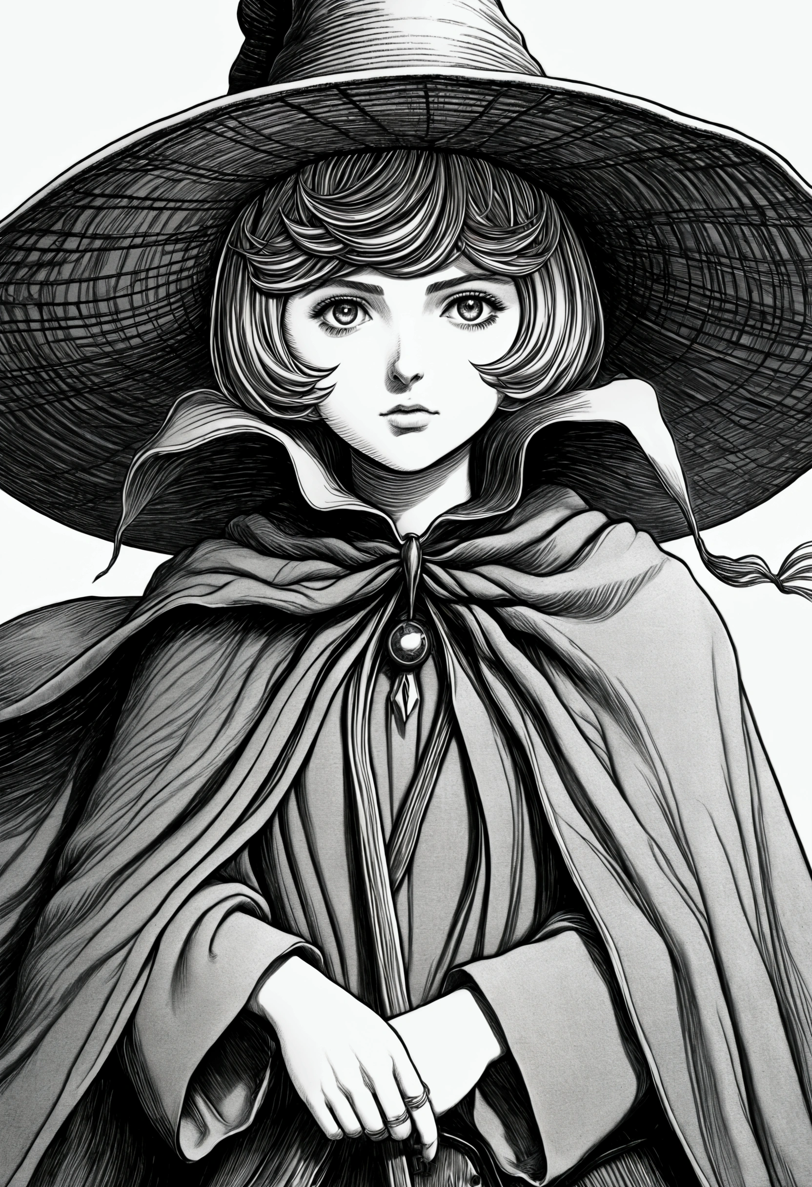 score_9, score_8_up, score_7_up, source_anime BREAK, 1girl, solo, white background, schierke, bob cut, witch, medium breasts, witch hat, cloak, cowboy shot, v pose, from above, high angle, ((best quality)), (masterpiece), monochrome, manga, anime, high resolution, 4k, detailed, intricate, detailed, Monochrome, Cross-hatching, Gradient shading, crosshatching, incredible detailing, crosshatch texture
