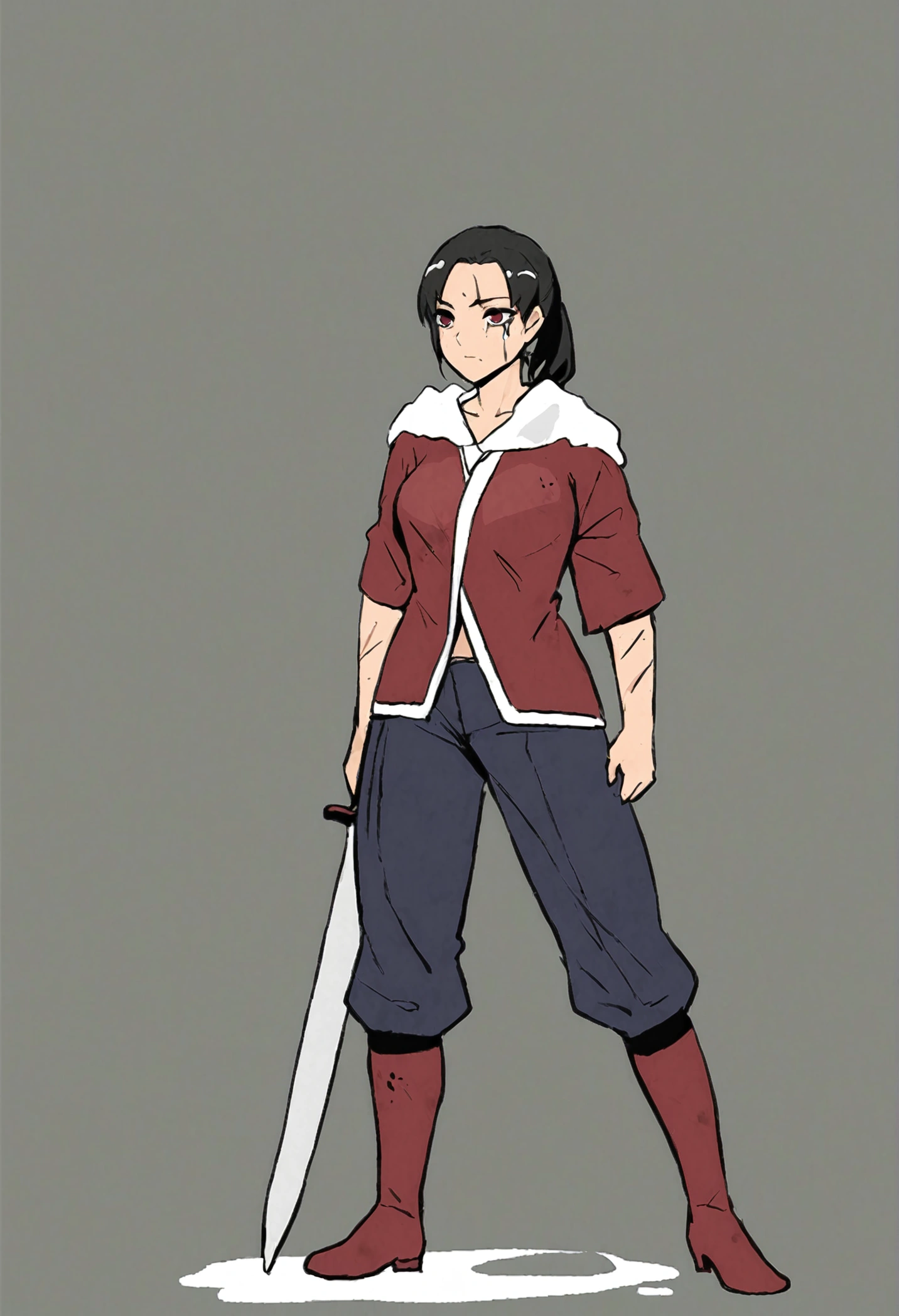 A cold girl with red eyes and black hair in a ponytail.no feelings and a murderous look in anime mode with a sword, with the wounded body