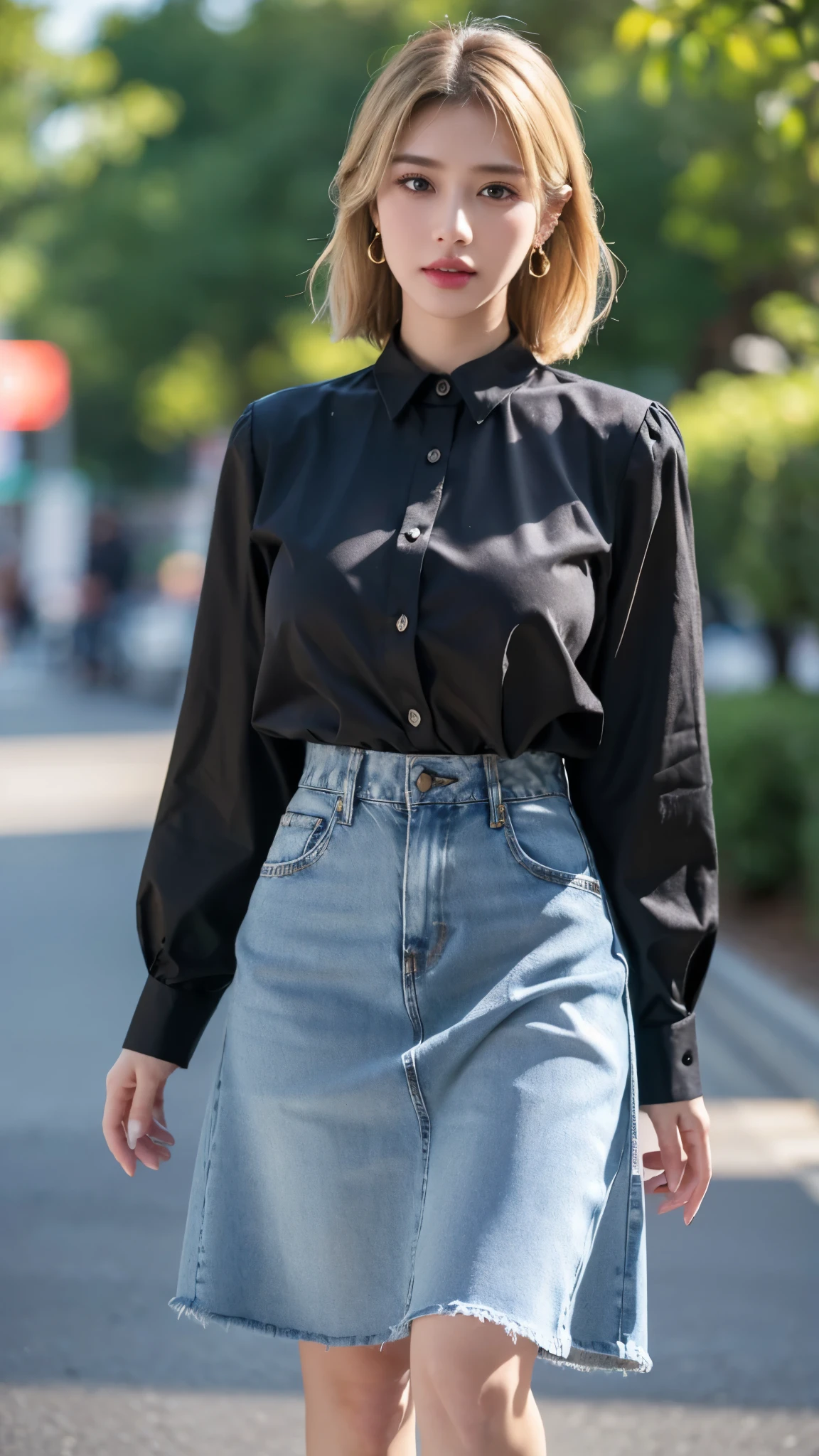 Android 18, Blonde hair, Blue eyes, eyeslashes, hoop earings, Short hair, earring
bring, black sock, Black shirt, breast pocket, cleavage, clavicle, Denim, Denim skirt, high waisted skirt, jewelry, Long sleeves, Pocket, shirt, shirt tucked in, Skirt, streaked, Striped sleeves, waistcoat,