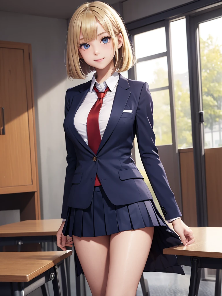 8k, Best Quality, The real picture, Intricate details, Very detailed, Ultra-high resolution, Depth Field, Tabletop, Full Body Shot, (1 girl), eye_Chan, so beautiful, innocent big eyes, Standing in a school classroom, ((Blonde)), ((Medium Bob Hair)), ((Detailed eyes)), ((smile)), ((Blue tie)), (Navy blue closed blazer))), ((Dark red pleated mini skirt)), Thighs, knees, Random pose，pretty girl，Slender girl