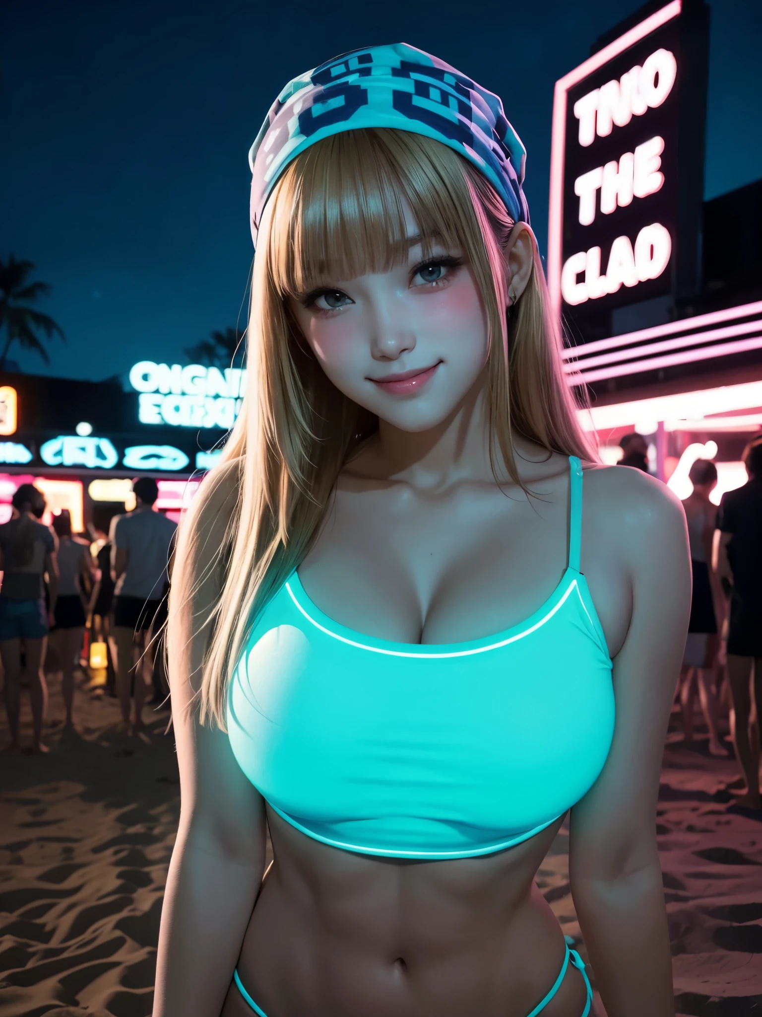 neon, glowing neon, ambience lighting, girl, (gigantic breasts:1.2), navel, long hair, very straight hair, flat bangs, bandana, looking at viewer, smile, closed-mouth, (blushing:1.2), (shy expressions), blonde hair, night party, night club, beach, sexy, sensual, realistic,