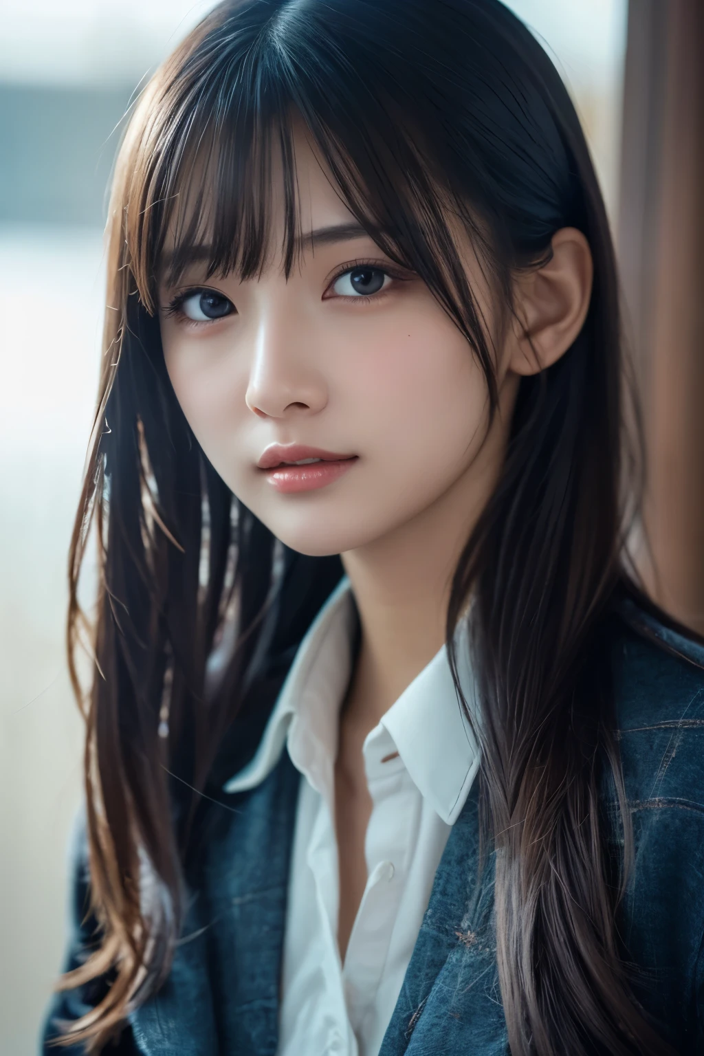 1girl in, (Wear casual fashion:1.2), (Raw photo, Best Quality), (Realistic, Photorealsitic:1.4), masutepiece, Extremely delicate and beautiful, Extremely detailed, 2k wallpaper, amazing, finely detail, the Extremely Detailed CG Unity 8K Wallpapers, Ultra-detailed, hight resolution, Soft light, Beautiful detailed girl, extremely detailed eye and face, beautiful detailed nose, Beautiful detailed eyes, Cinematic lighting, Winter scene, Perfect Anatomy, Slender body, ((flat breast:0.5)),taut, 
Straight semi-long hair, bangs, Looking at Viewer, A slight smirk, High resolution, masterpiece, Anatomically correct, 最high quality, high quality, Very detailed, Character portrait, 