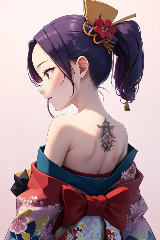 (Very small very young Japanese girl)，loincloth，Japanese Festivals，tattoo，tattoo，Cute kimono，I saw the world，Urine stains，(Side Pony,Colorful Hair，Hair Accessories)，tattoo nas costas，sheath，flower，flower柄のふんどし，背中のtattoo，Off the shoulder，Expose your shoulders，look back，From behind，all, Compensate,