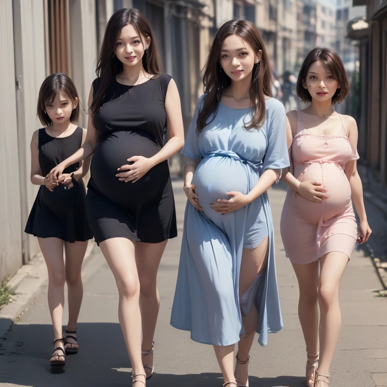 3girls,((((realistic very cute japanese Pregnant mothers are walking:1.5)))),( holding hands with her young daughters and conversing while laughing out loud:1.5))))),(((criminal is chasing them from behind:1.5))),((((they are anorexic girls:1.5)))),((((male fierce molesters are surrounding girl:1.8)))),4K, 8K, (Masterpiece, best quality:1.2),Very realistic eyes, perfect face,24years old,(((thin girl:1.5))),(((skinny girl:1.5))),(((slim girl:1.5))),((small girl)),((childish girl)),shinny white skin,Narrow waist,((wearing casual dresses)),dark brown semi long hair,In a dark back alley in an unsafe slum area